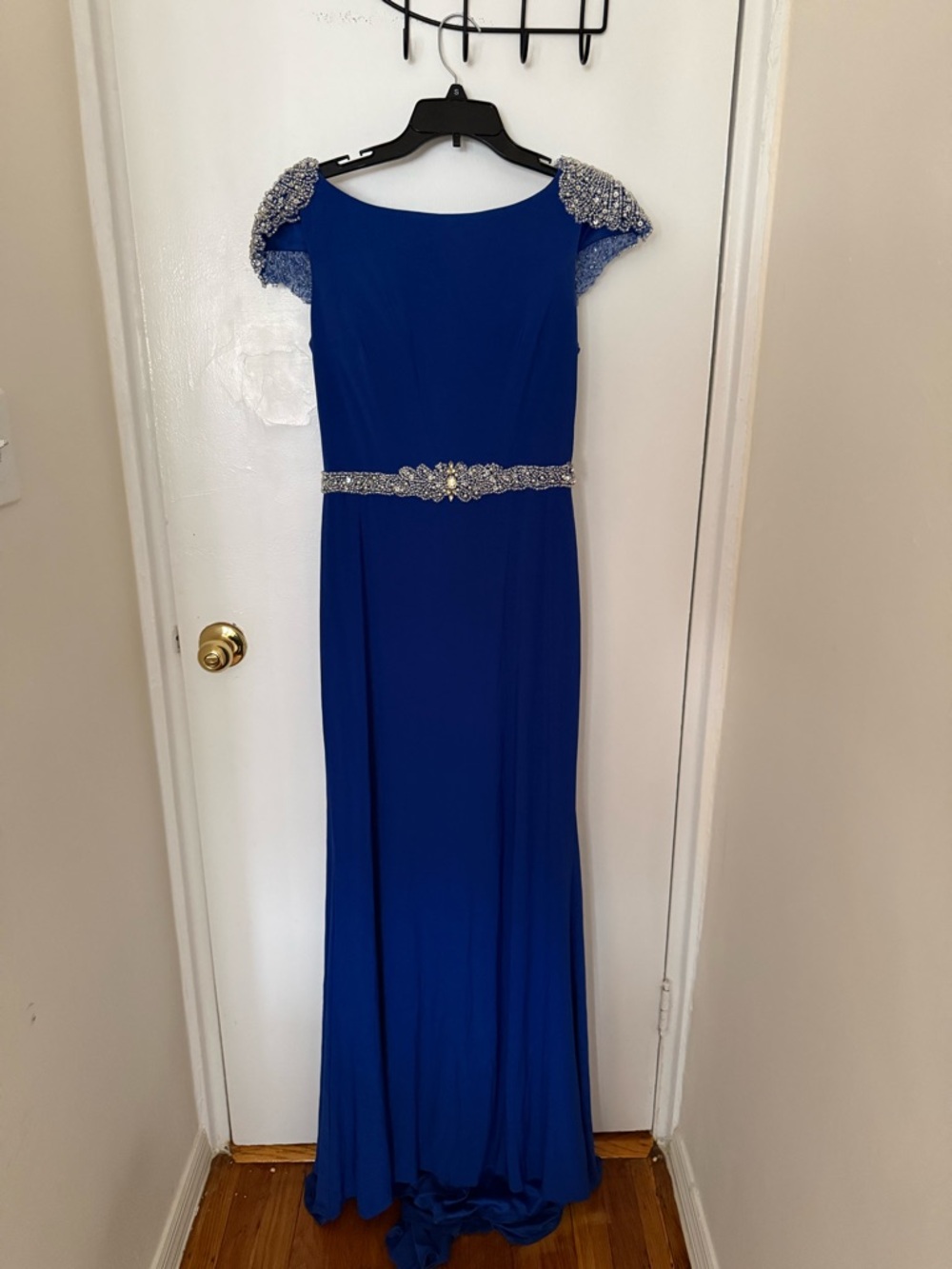 May Queen Royal Blue Beaded Cap Sleeve Evening Gown